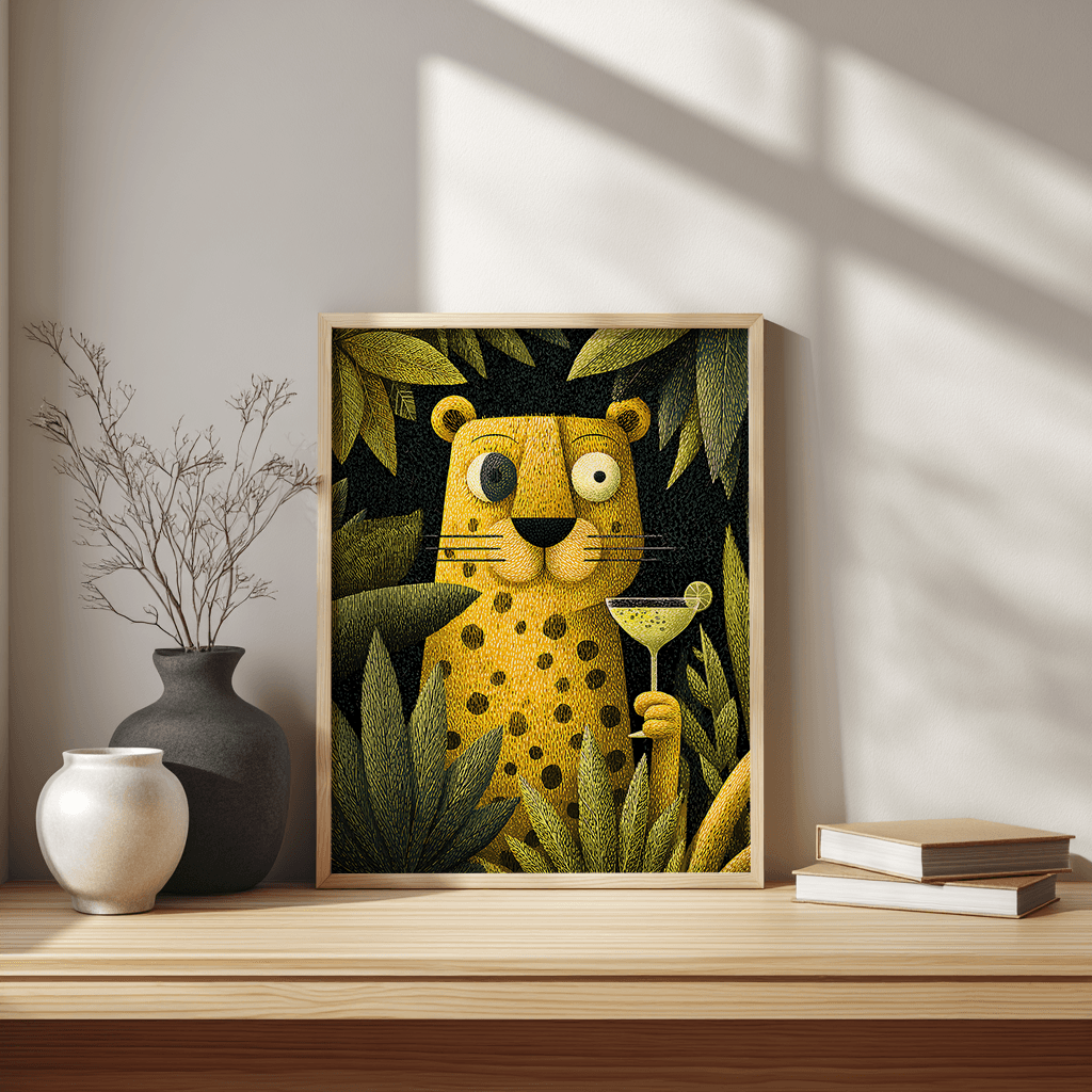 Leopard poster visual art displayed in modern kitchen interior setting