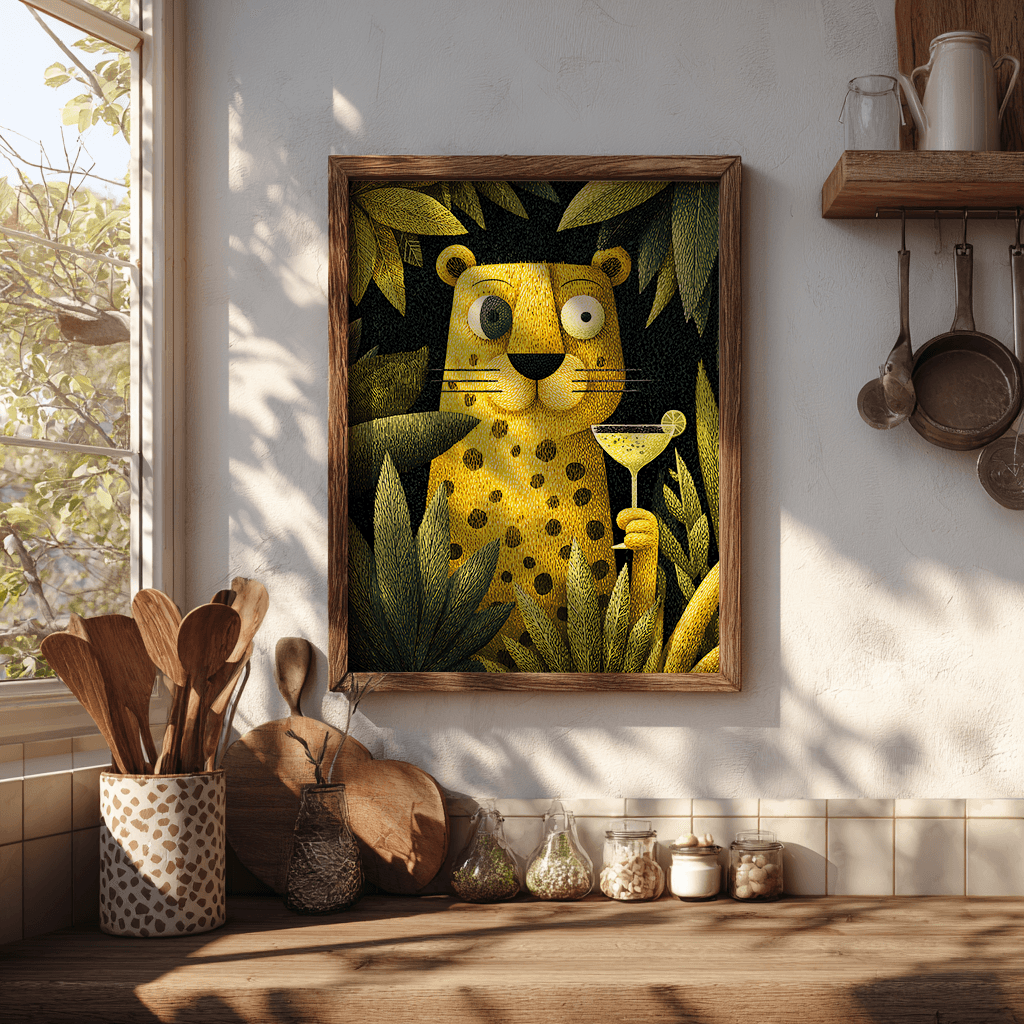 Leopard poster visual art displayed on modern Scandinavian desk setup