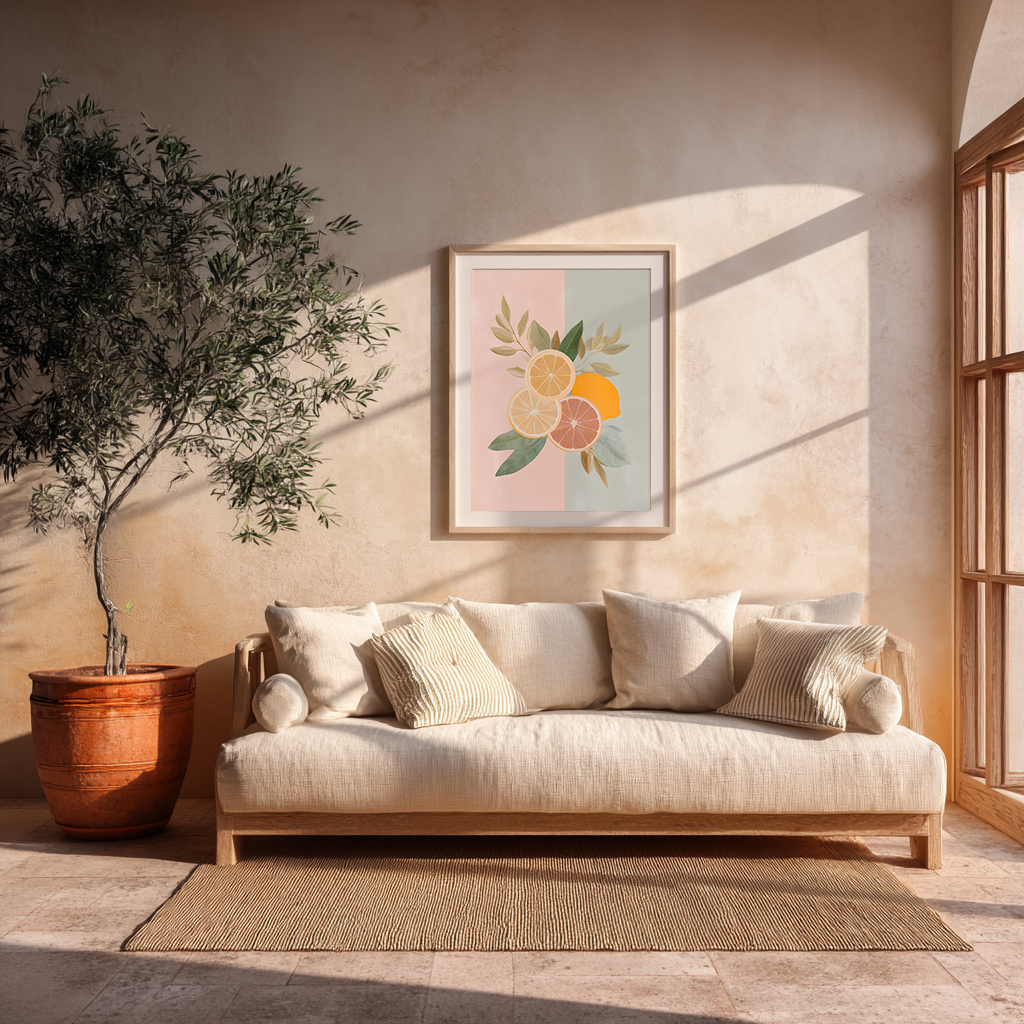 Mediterranean pastel lemon illustration wall art above a neutral sofa, grapefruit and lemon poster bringing warmth to a sunlit living room