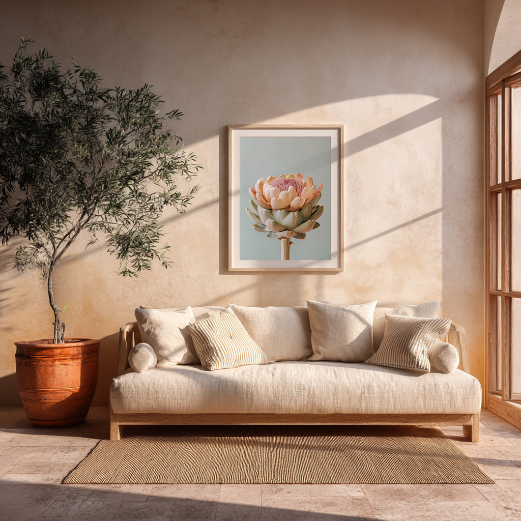 pastel artichoke poster framed on living room wall with soft natural tones