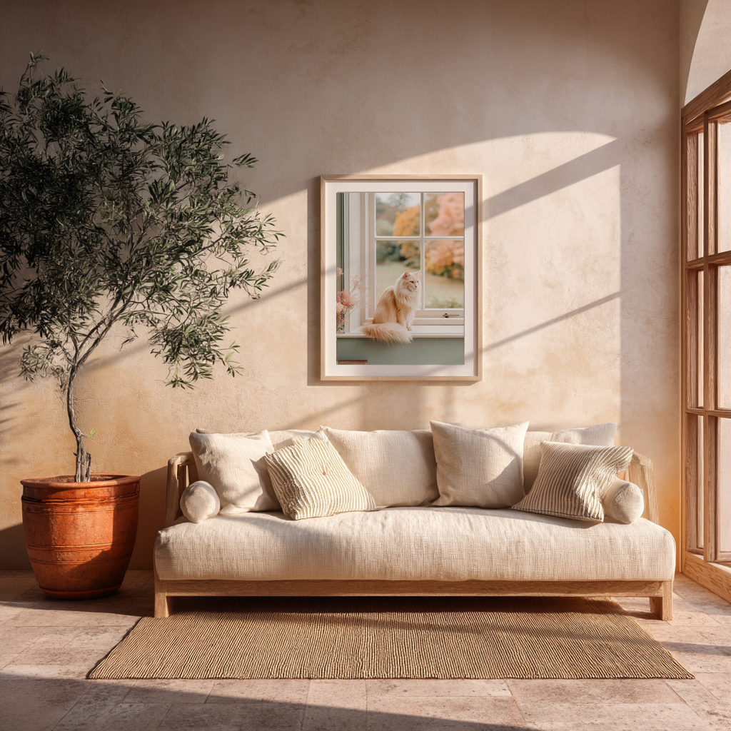 Living room with framed cat poster featuring autumn window scene. Perfect wall art for calm, nature-inspired decor.