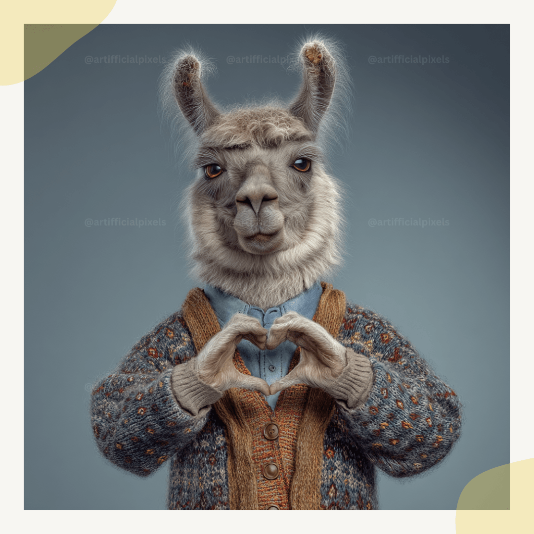 Llama wearing a sweater and making a heart shape with its hands against a blue background