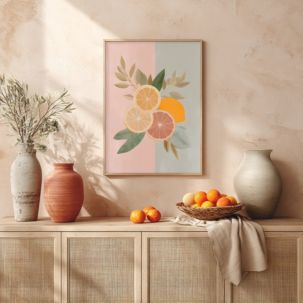 Mediterranean pastel lemon illustration art print styled on a mantle with vases and oranges, citrus poster for earthy home interior decor