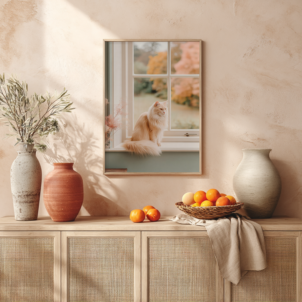 Mantel display with framed cream cat artwork and neutral decor. Tranquil autumn-inspired print for rustic or boho interiors.