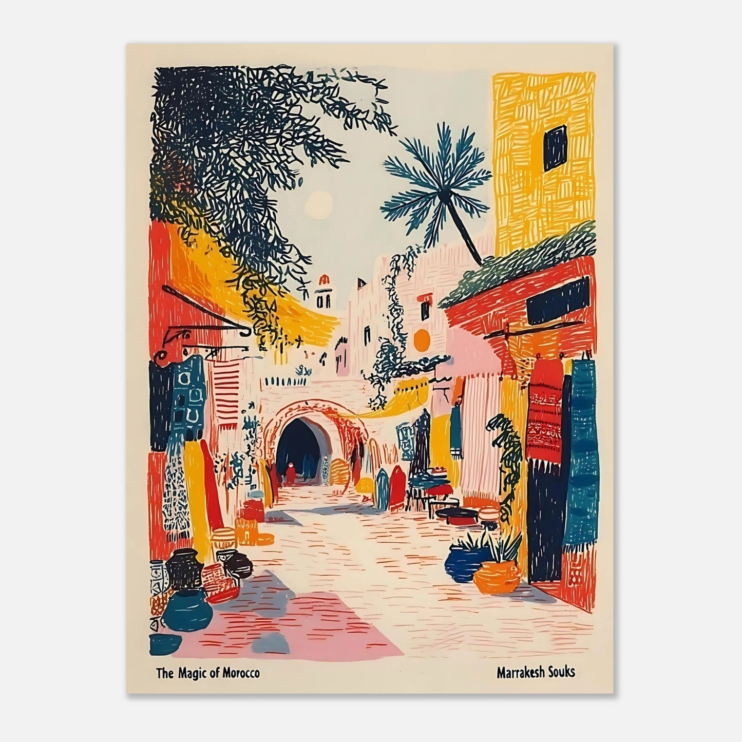 Marrakesh street travel drawing poster 18x24 inch (45x60 cm) unframed wall art preview, colourful Moroccan decor.