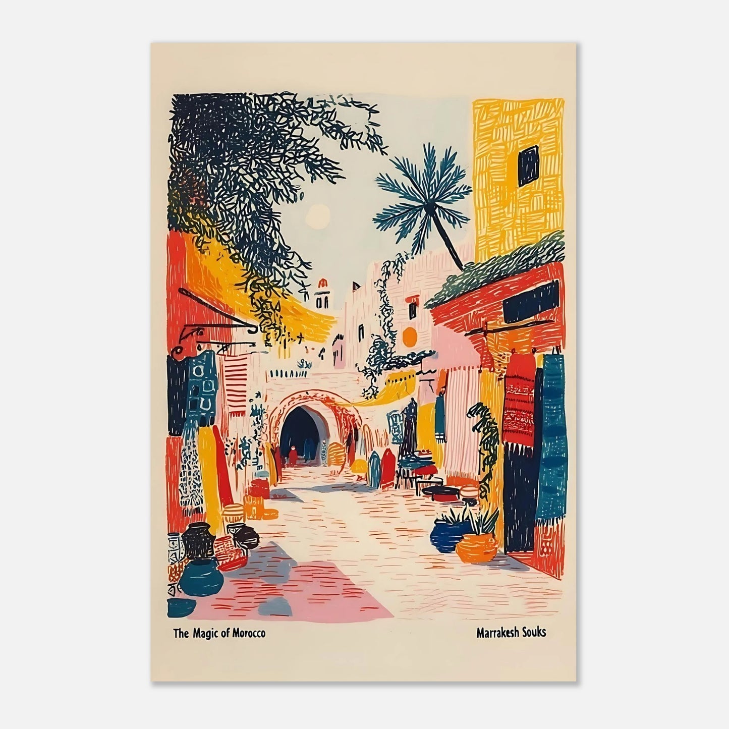 Marrakesh street travel drawing poster 24x36 inch (60x90 cm) large unframed preview, vibrant Moroccan wall art.