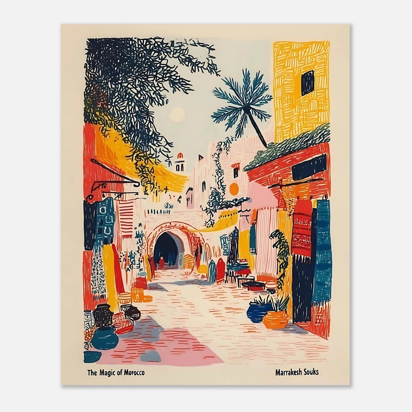 Marrakesh street travel drawing poster 8x10 inch (20x25 cm) unframed preview, Moroccan travel art print.