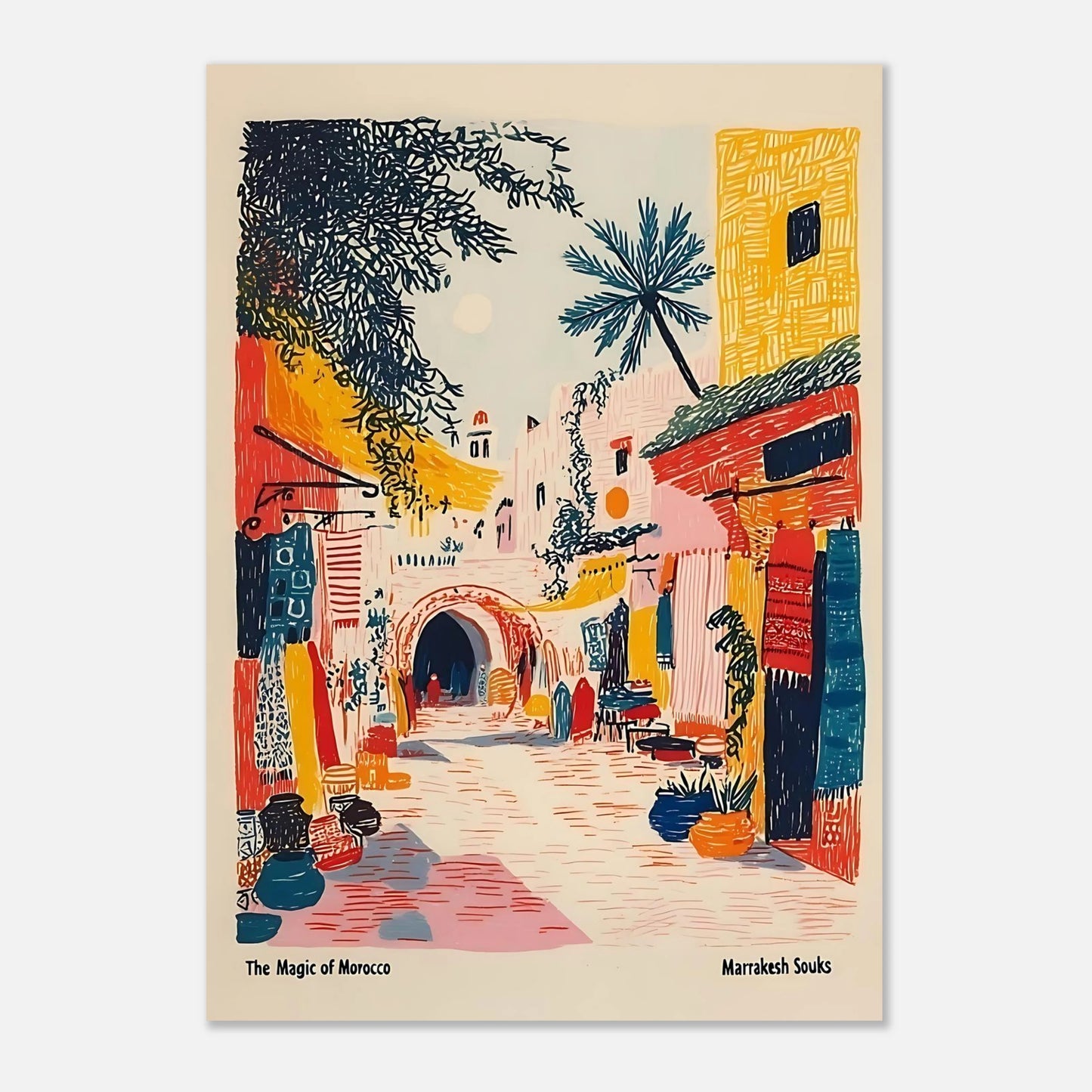 Marrakesh street travel drawing poster A3 size (29.7x42 cm) plain background preview, colourful Moroccan street art print.