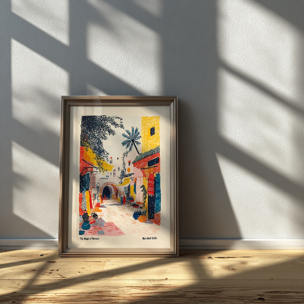 Vibrant Marrakesh street travel drawing poster in glass frame displayed on table, cultural wall decor for home or office.