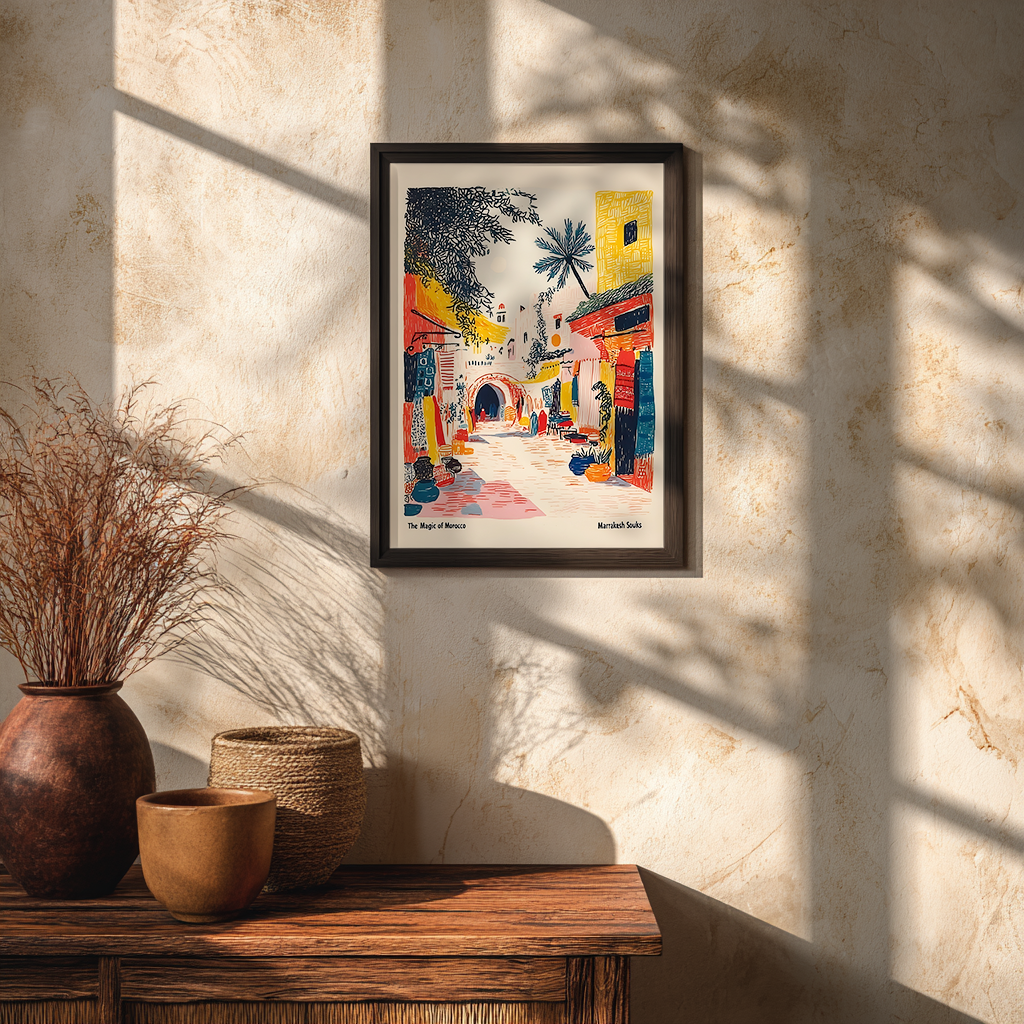 Marrakesh street travel drawing poster framed with glass, hung on textured wall, travel-inspired Moroccan print.