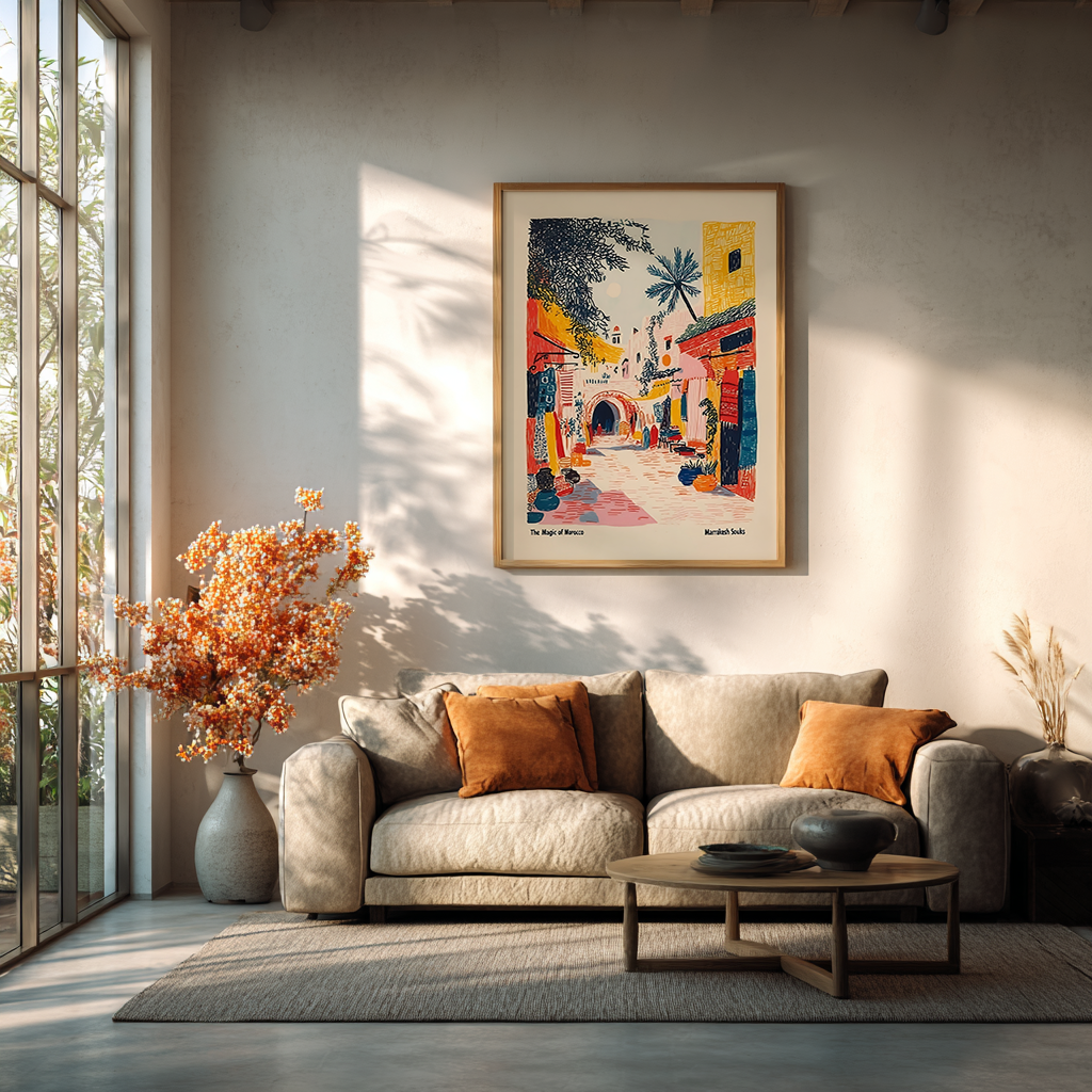 Marrakesh street travel drawing poster styled in minimalist living room with modern furniture, wanderlust wall art.