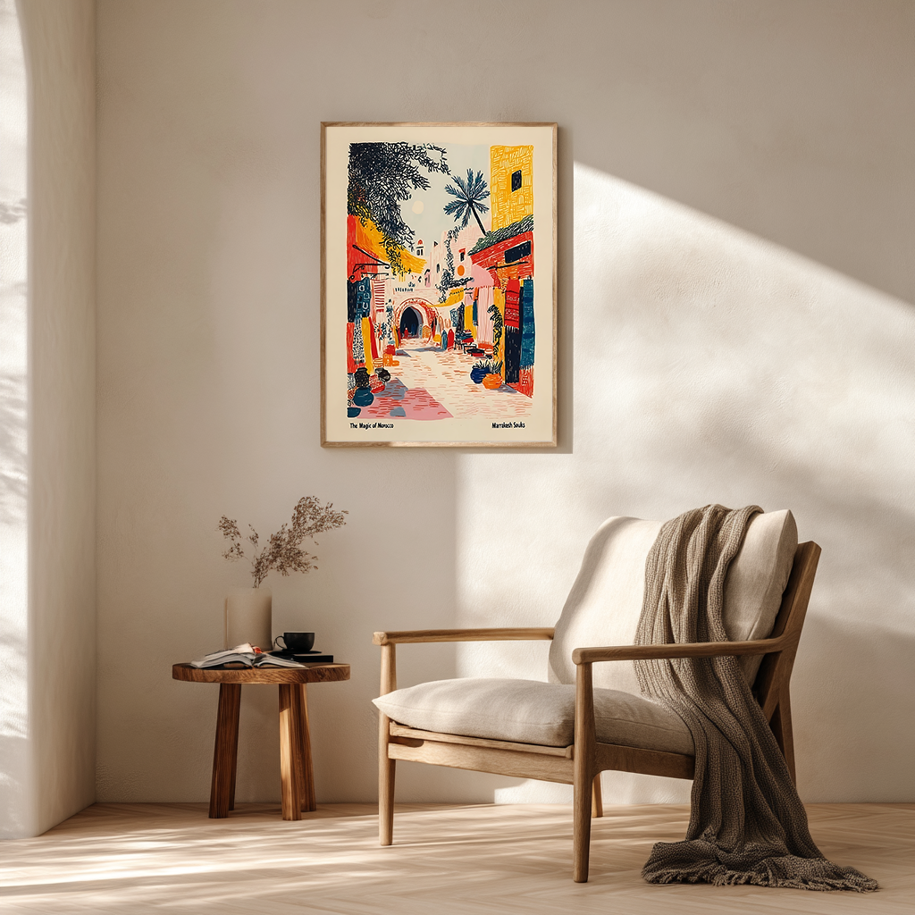 Marrakesh street travel drawing poster with wooden frame in cosy reading nook, bohemian decor wall print.