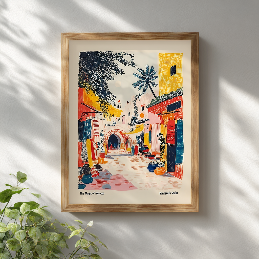 Marrakesh street travel drawing poster framed in wood against white wall, Moroccan cultural art print.