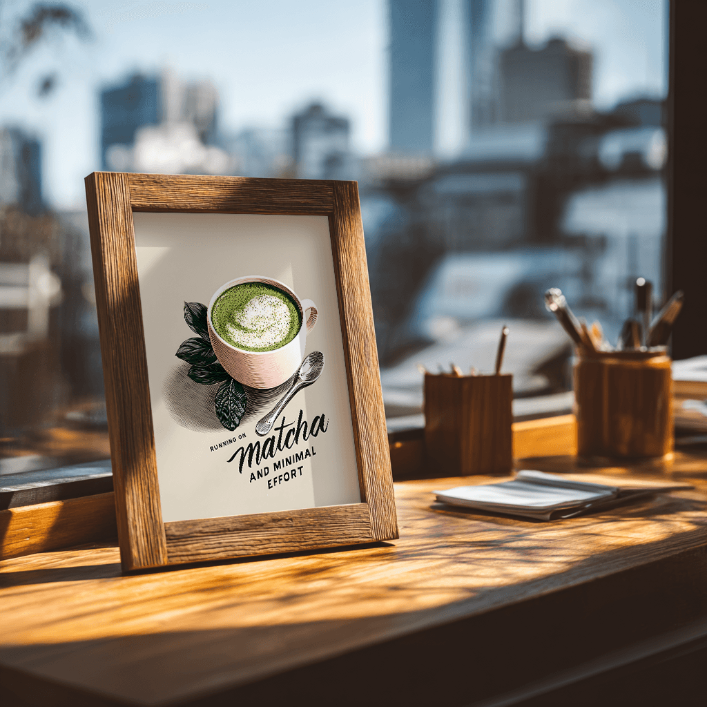 Matcha latte text poster artwork shown on wooden desk angled view for contemporary wall art display
