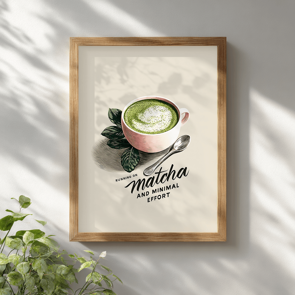 Matcha latte visual art poster in wooden frame on white wall for modern wall decor