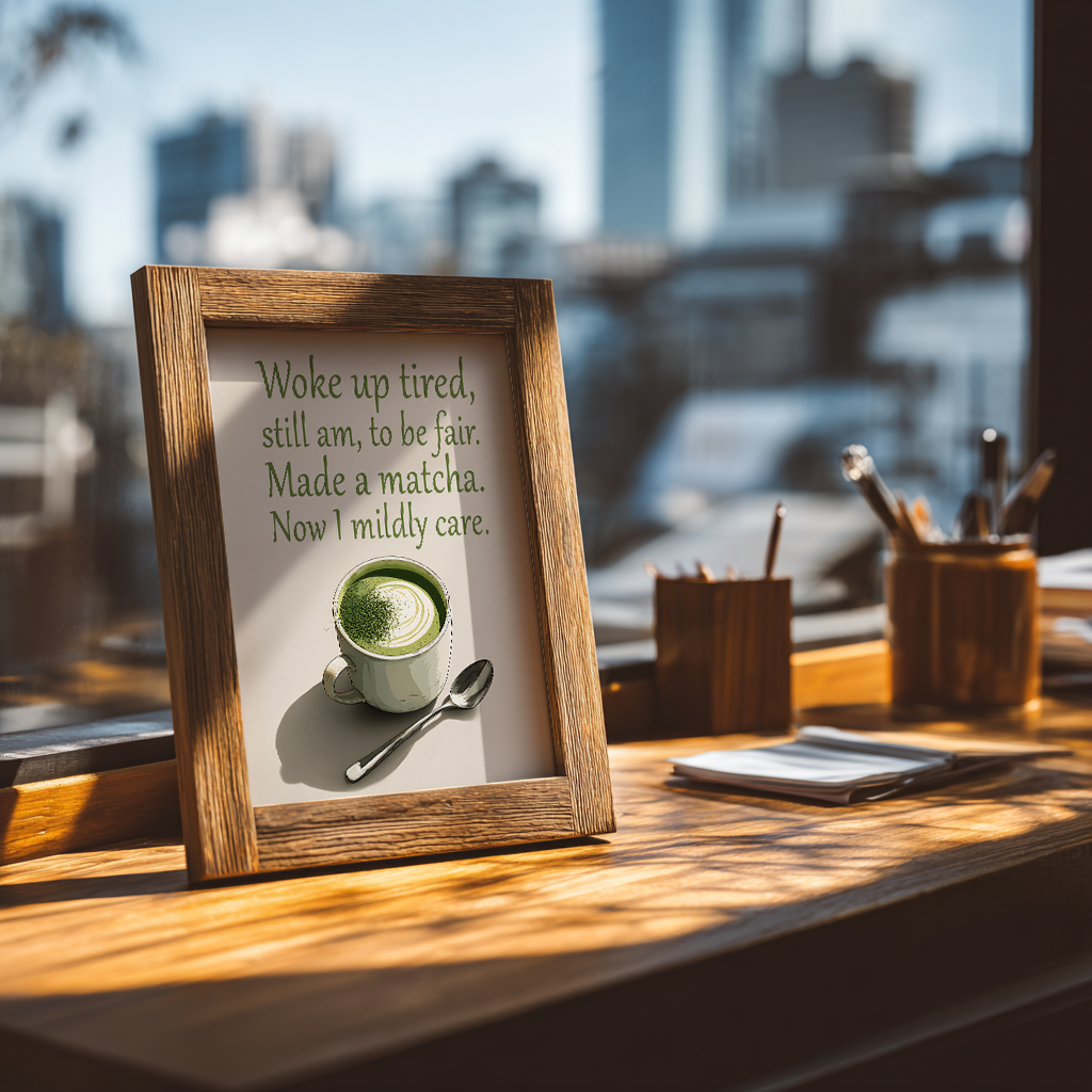Framed print with a cup of matcha and humorous text on a desk with a cityscape background