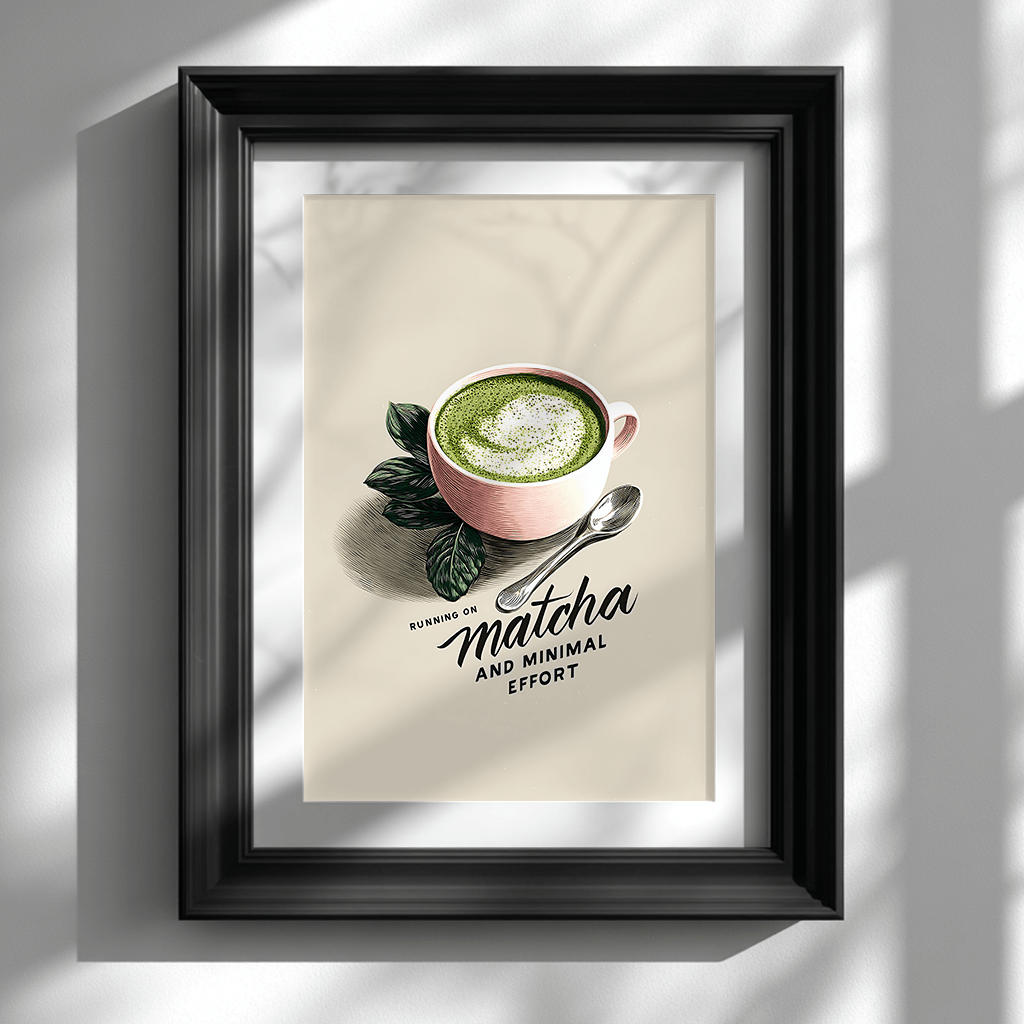 Minimalist matcha latte poster print in black frame on white wall for contemporary artwork display