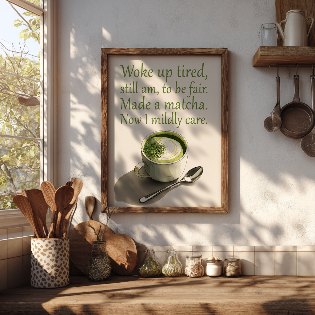 Framed print of a matcha cup with a humorous quote in a kitchen setting.