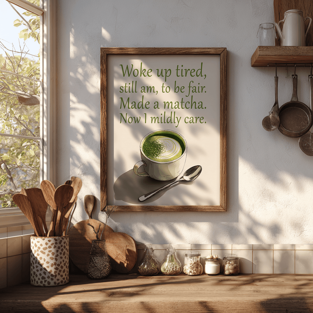 Framed print of a matcha cup with a humorous quote in a kitchen setting.