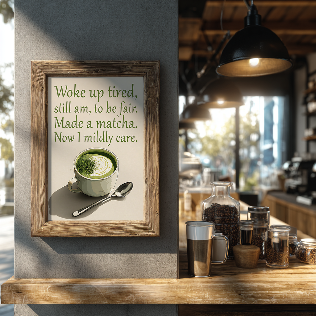 Framed print with a matcha green tea cup on a wall in a coffee shop.