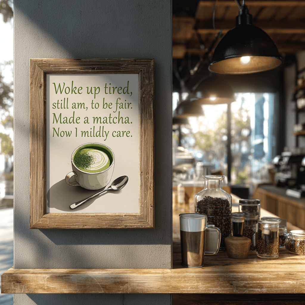 Framed print with a matcha green tea cup on a wall in a coffee shop.