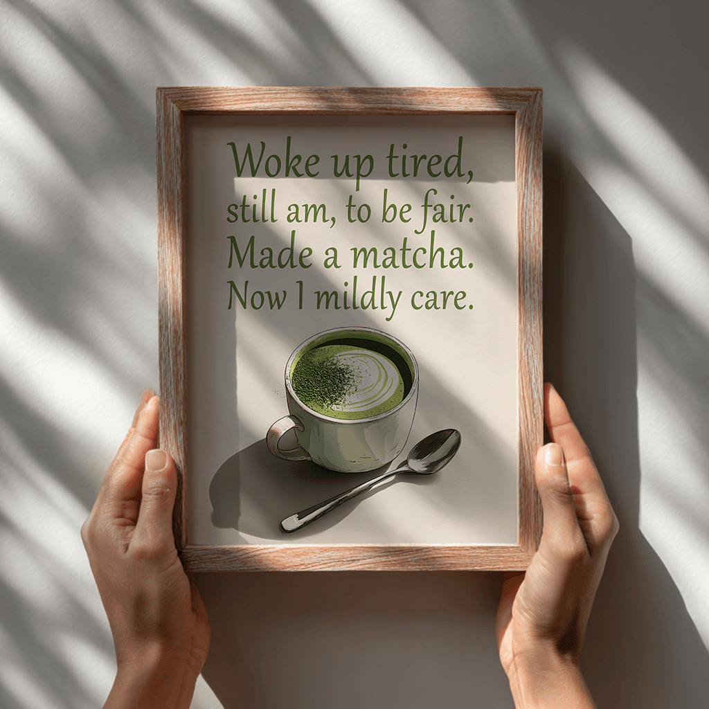 Framed print with a cup of matcha and humorous text, held by hands.