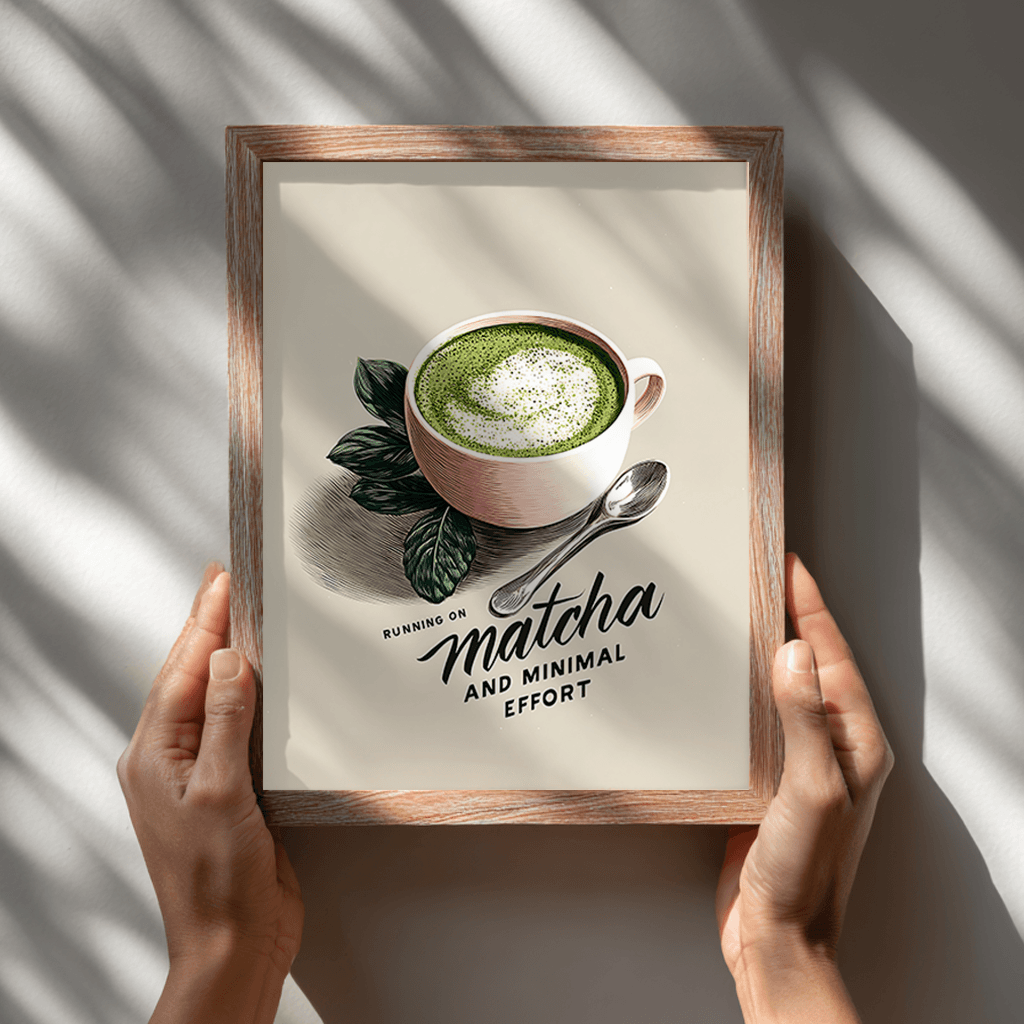 Minimalist matcha latte poster held in wooden frame showing visual art print detail