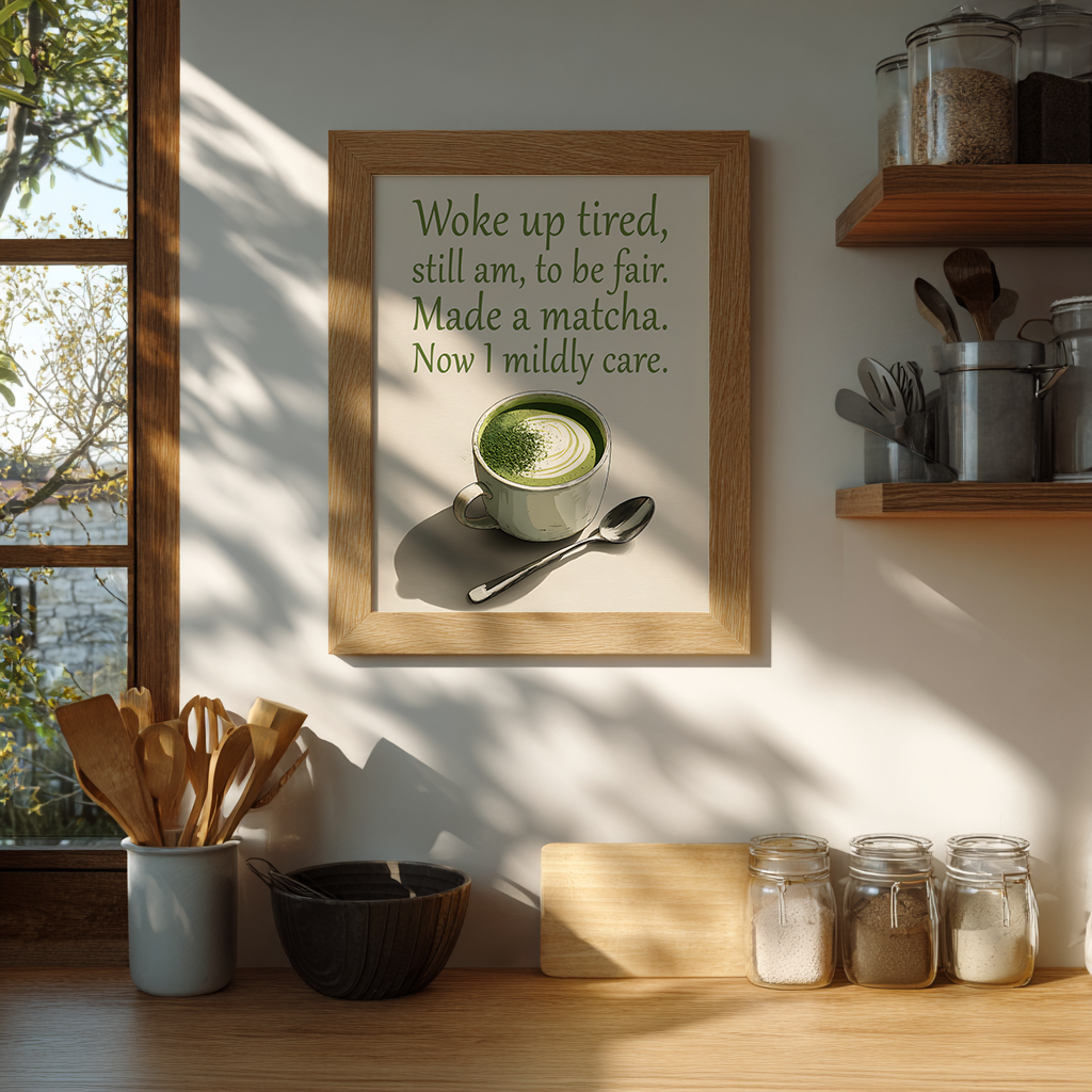 Framed print of a matcha cup with a humorous quote in a kitchen setting.