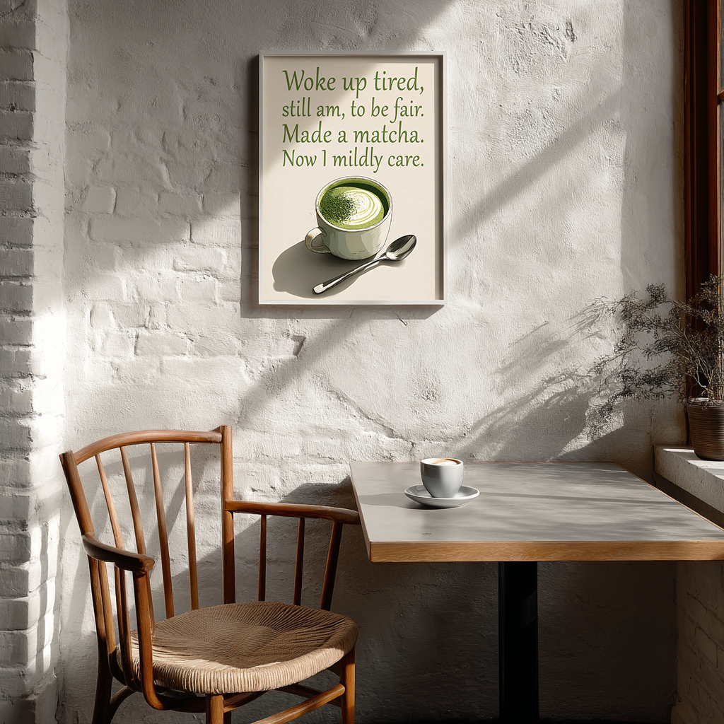 Matcha latte wall art poster displayed in modern Scandinavian café interior setting