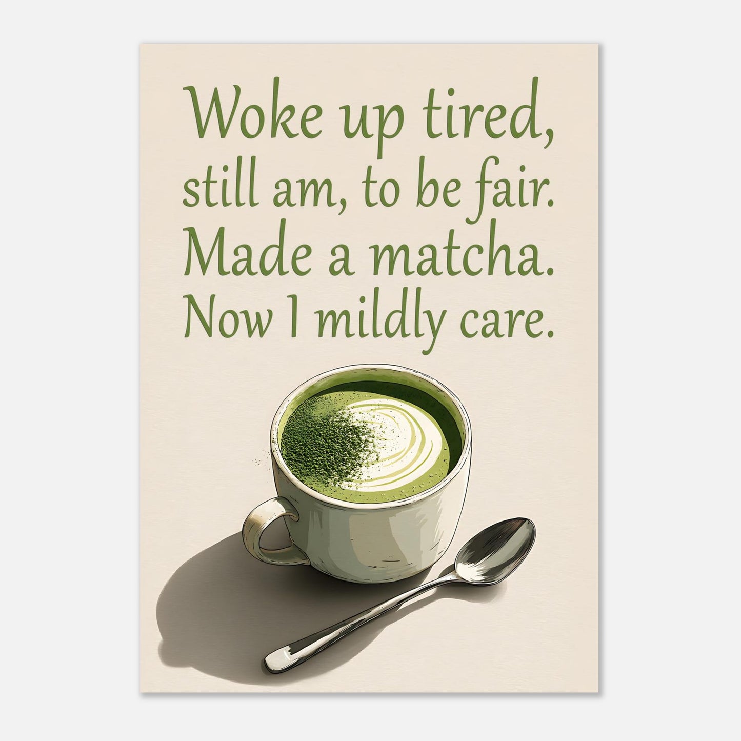 Alternative style matcha latte poster with funny tea-themed artwork and modern design