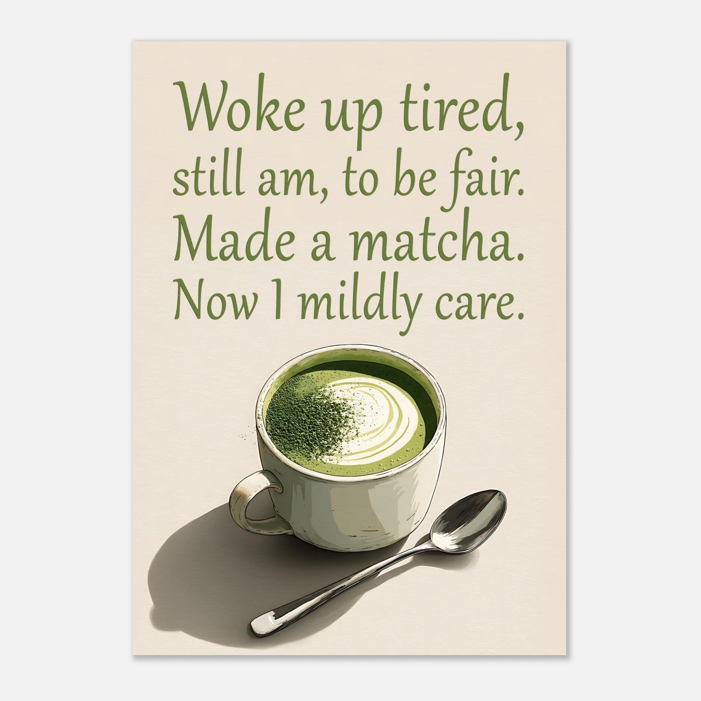 Alternative style matcha latte poster with funny tea-themed artwork and modern design
