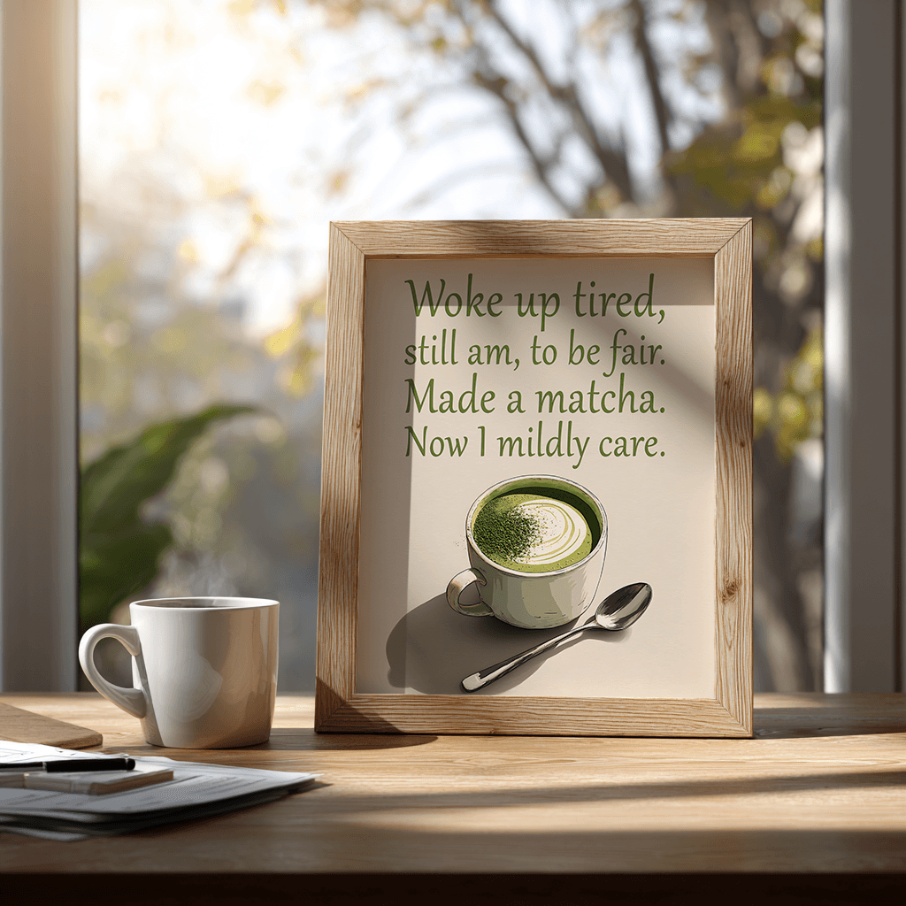 Framed print with a cup of matcha and humorous text on a wooden surface with a window in the background.