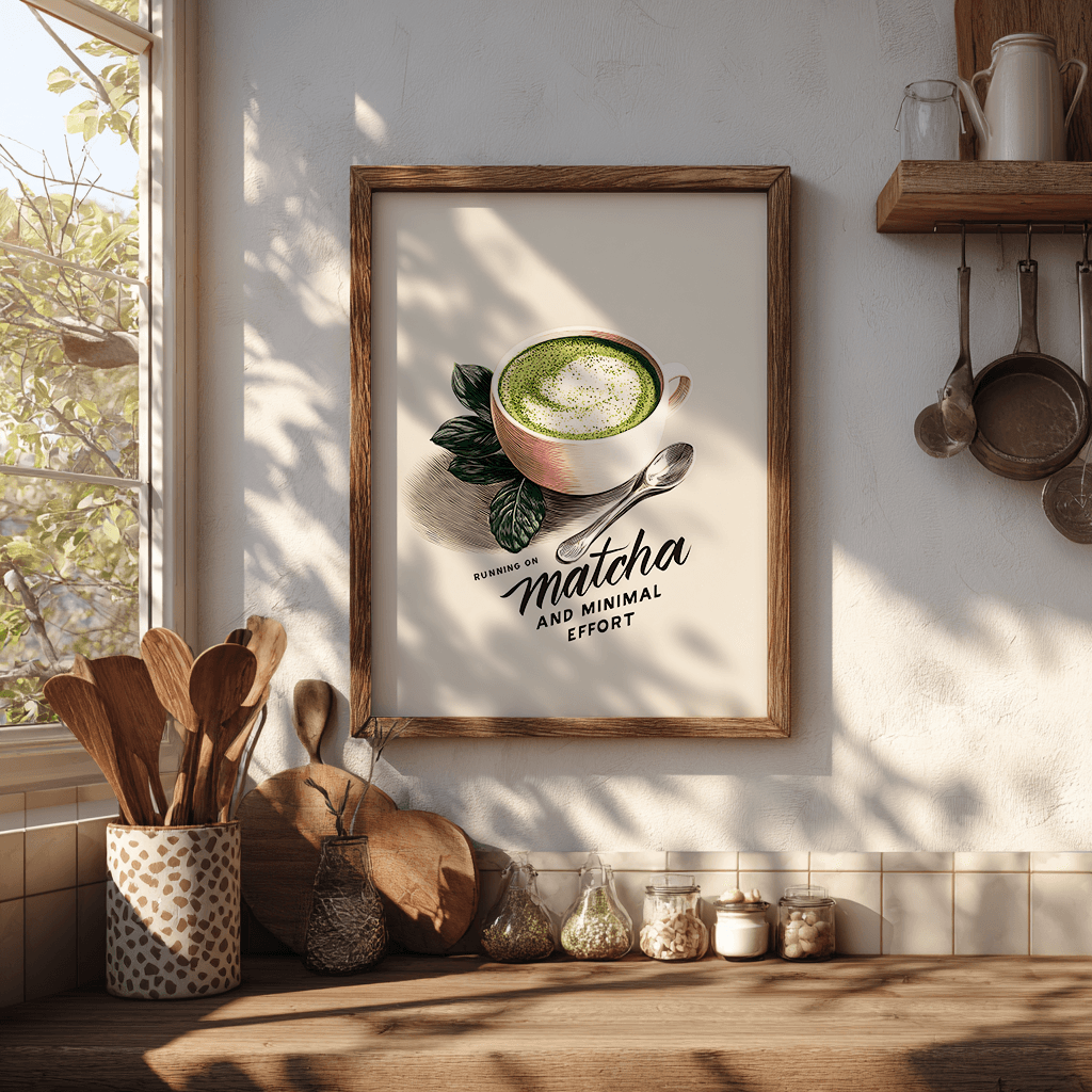Matcha latte poster print displayed in boho eclectic kitchen showcasing versatile wall decor artwork