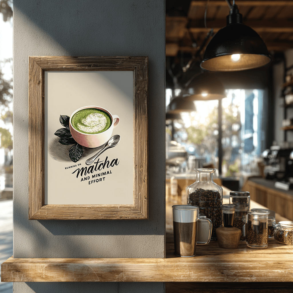 Matcha latte poster print displayed in coffee shop setting showcasing modern wall decor artwork