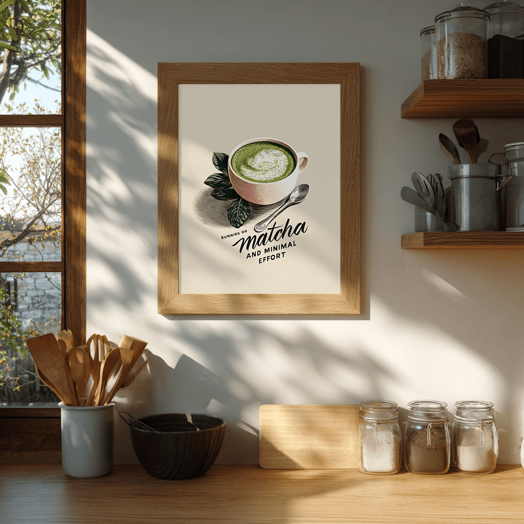 Matcha latte text poster artwork displayed in minimalist kitchen for modern wall decor