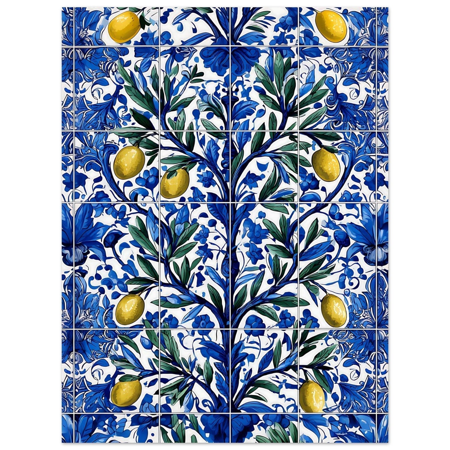 Mediterranean botanical poster art featuring cobalt blue ceramic tile design