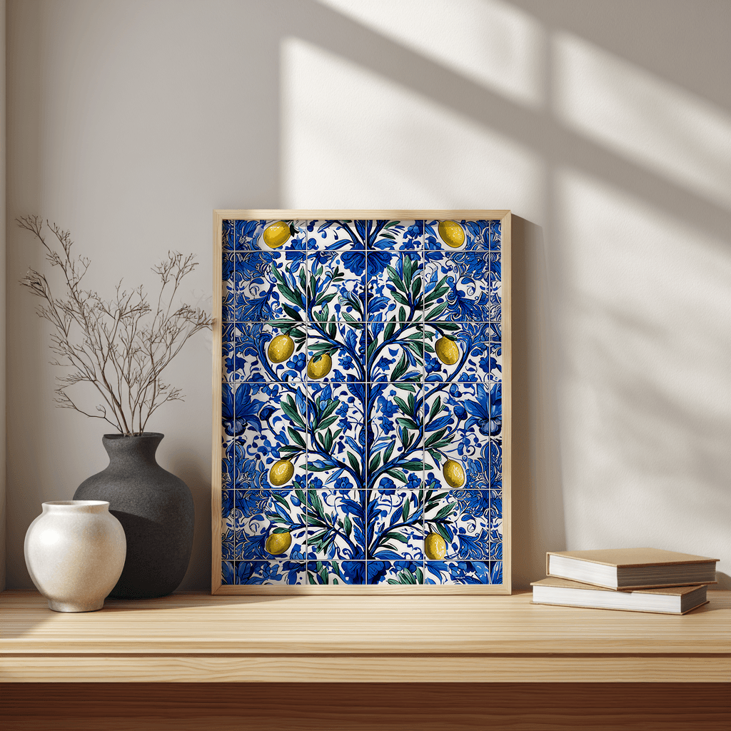 Mediterranean botanical poster mockup on modern desk workspace