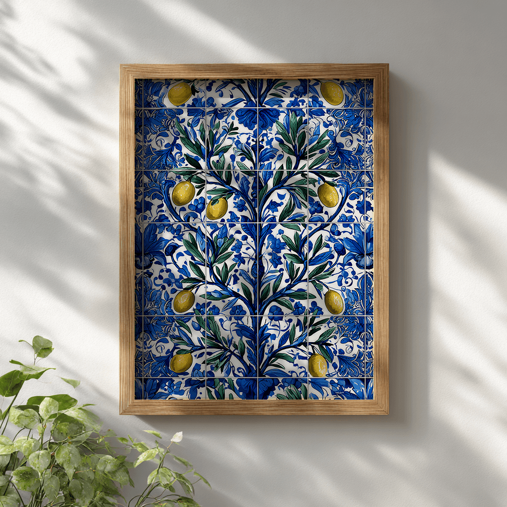 Mediterranean tile art poster in wooden frame hanging on white wall