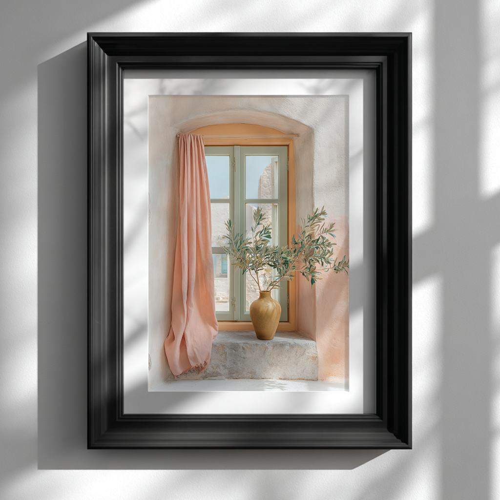 Mediterranean window poster with olive branch in black frame on white wall, rustic pastel home decor