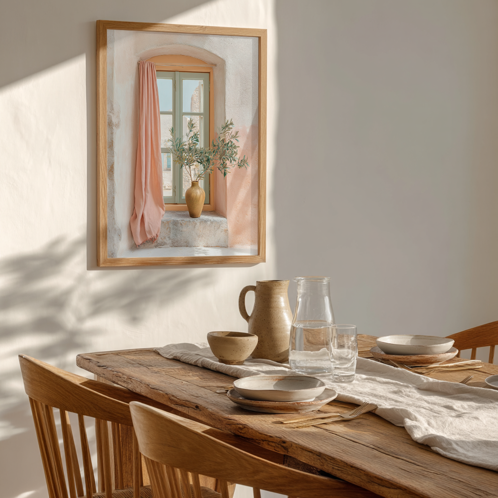 Mediterranean window art print with olive branch vase styled above wooden dining table in soft pastel tones