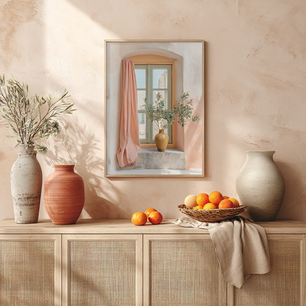 Mediterranean olive branch art print on pastel wall above rustic wooden mantle with vases and oranges
