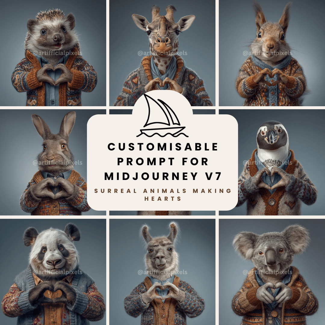 Midjourney AI art prompt pack featuring surreal animals making hearts in knitted jumpers for digital art and print-on-demand
