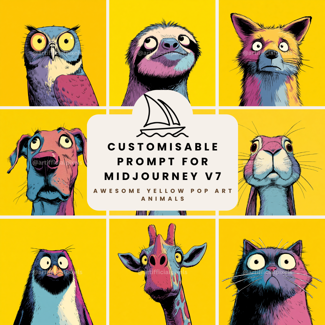 Midjourney AI prompt bundle for creating pop art animal portraits with bold colours and exaggerated features