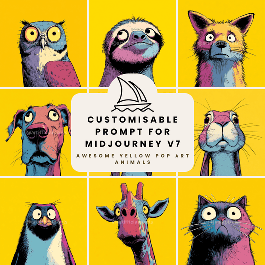 Midjourney AI prompt bundle for creating pop art animal portraits with bold colours and exaggerated features