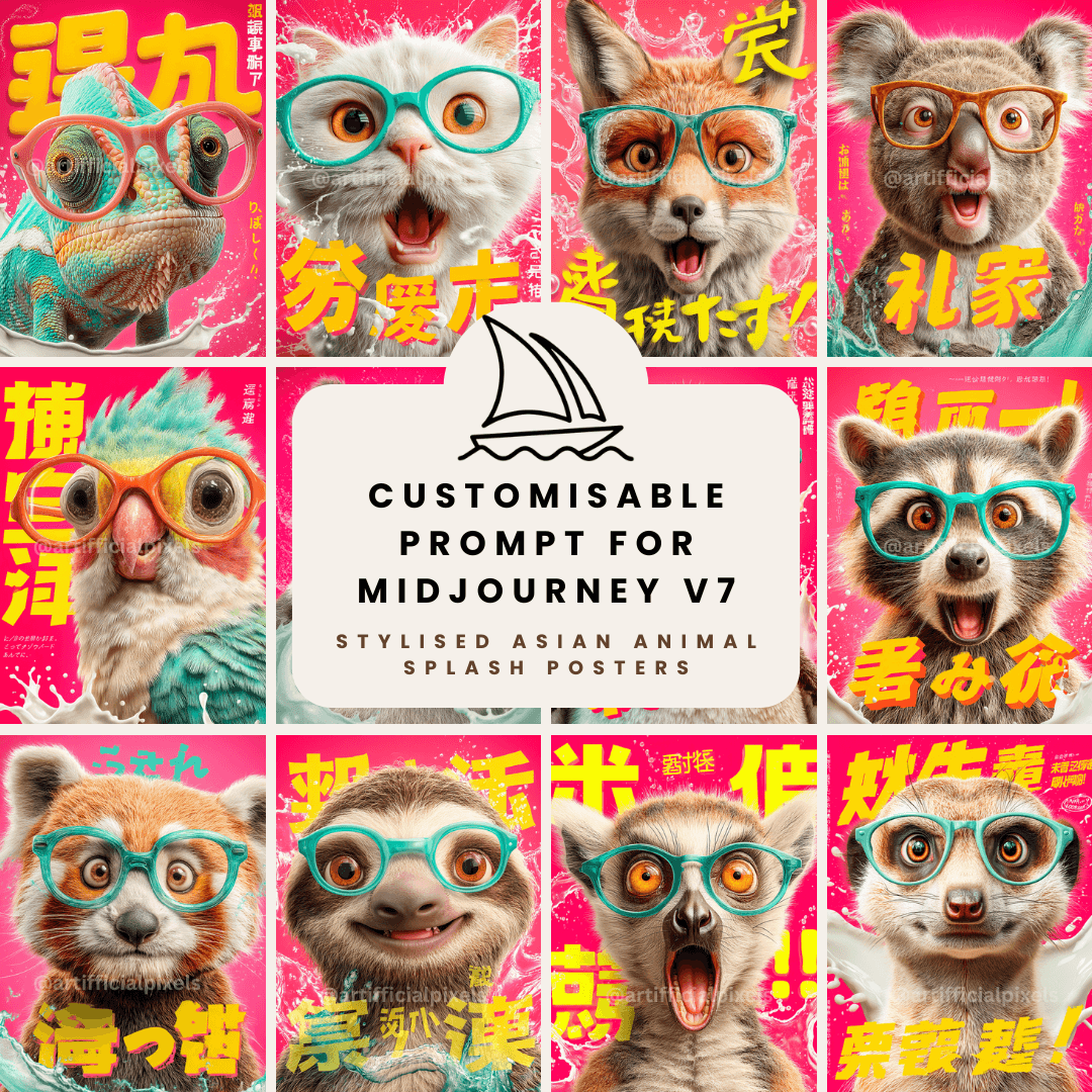 Midjourney AI prompt bundle for creating animal digital art posters and print-on-demand designs