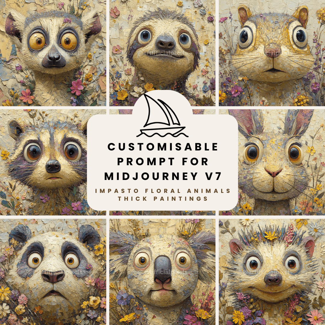 Midjourney AI art prompt for generating wide-eyed animal portraits with bold brushstrokes and vibrant floral backgrounds