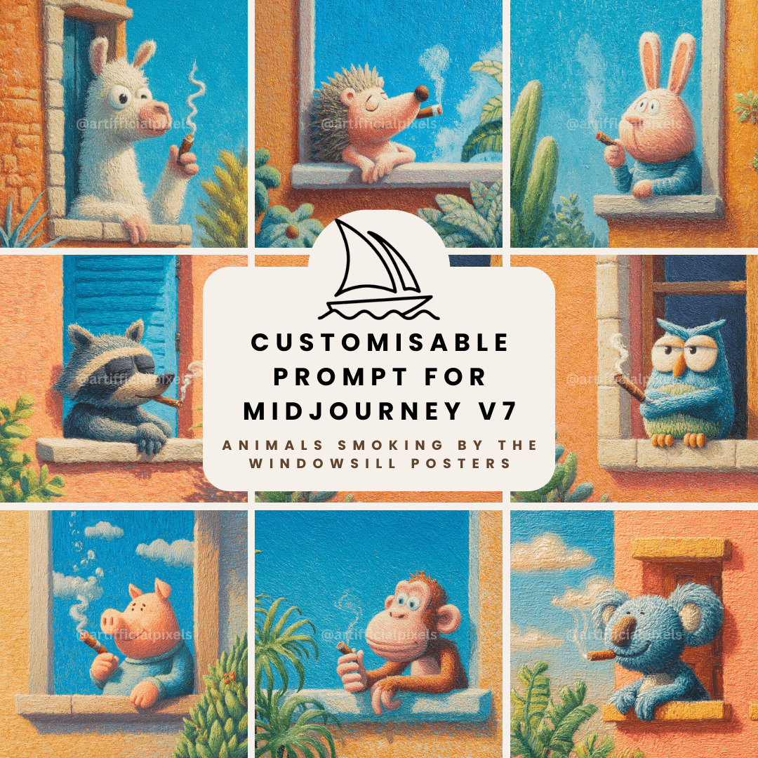 Midjourney V7 prompt template for creating cartoon animals smoking in whimsical crayon art style for digital artists and print-on-demand