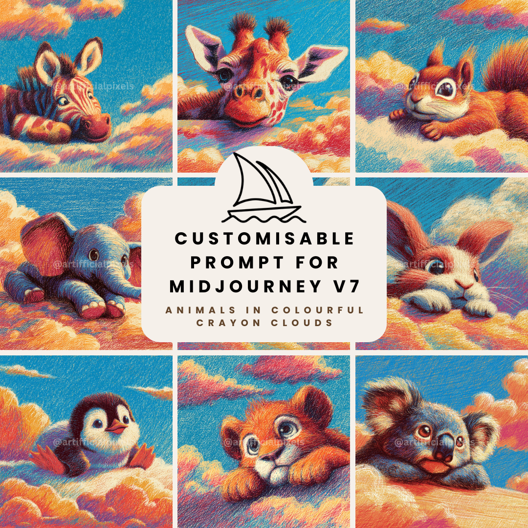 Midjourney AI prompt bundle for creating colorful crayon animals floating on clouds with commercial rights