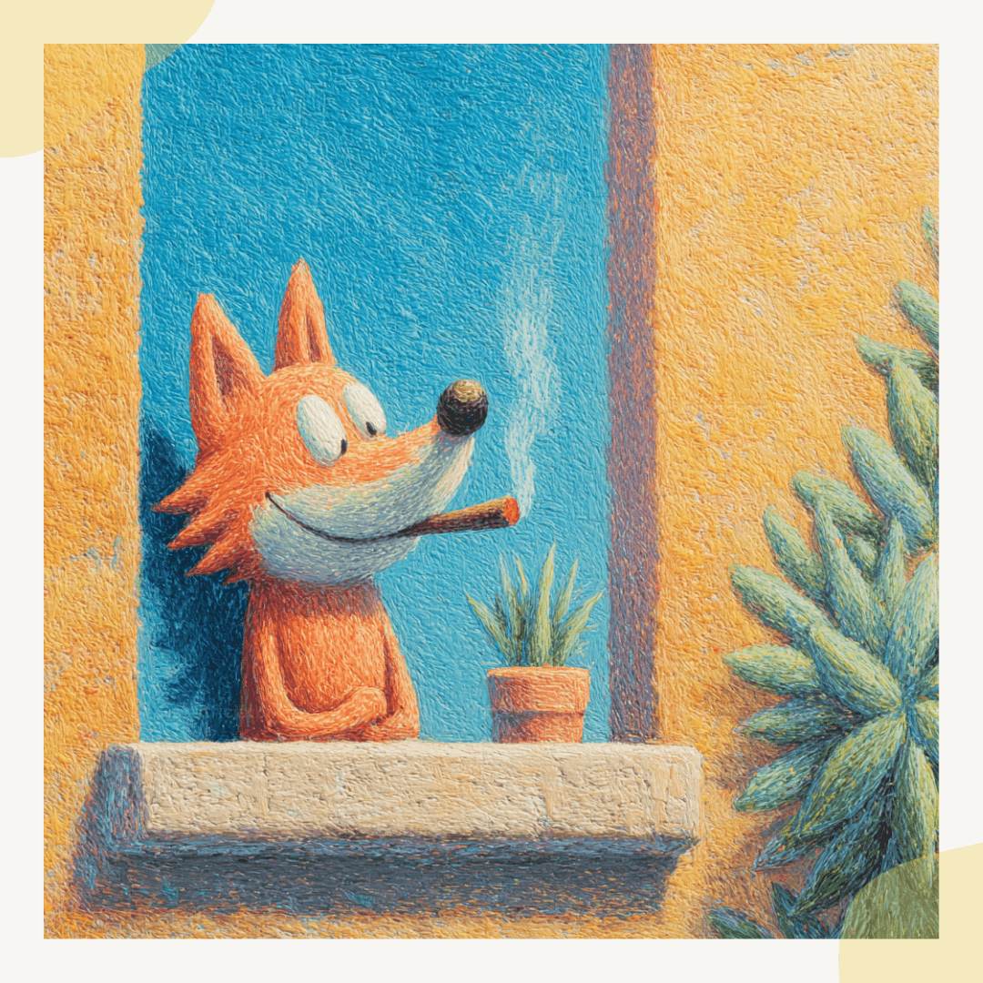 Illustration of a fox smoking a pipe by a window with plants