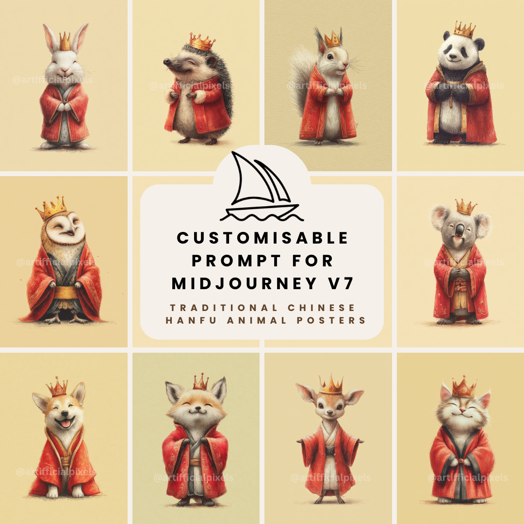 Midjourney prompt template for creating cute Hanfu animal watercolour art posters with commercial rights